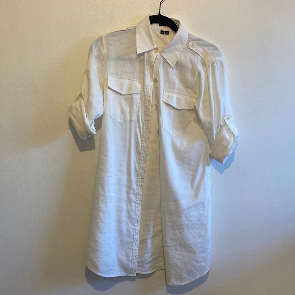 COPY - Theory White Cotton Tunic 3/4 Sleeve Button Up Pocket Dress